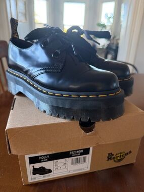 Dr. Martens womens Holly Black Platform Oxfords with Yellow Stitching